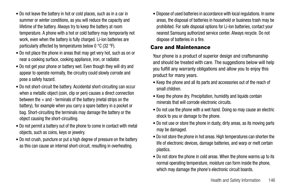 Care and maintenance | Samsung Code SCH-i220 User Manual | Page 149 / 161