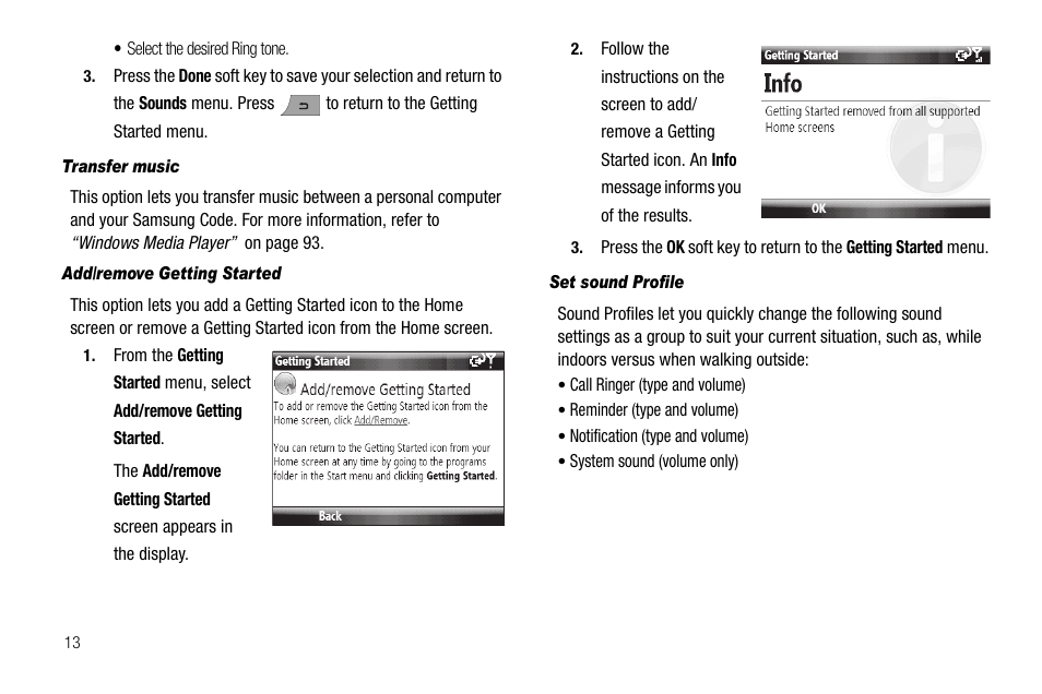 Transfer music, Add/remove getting started, Set sound profile | Samsung Code SCH-i220 User Manual | Page 16 / 161