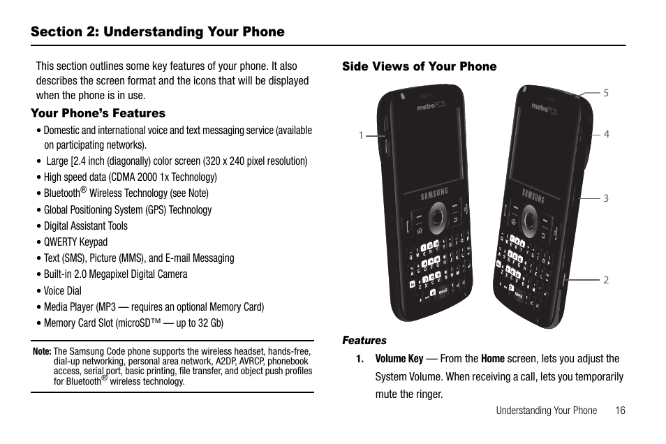 Section 2: understanding your phone, Your phone’s features, Side views of your phone | Features, Your phone’s features side views of your phone | Samsung Code SCH-i220 User Manual | Page 19 / 161