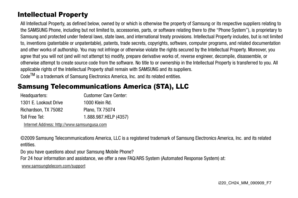 Intellectual property, Samsung telecommunications america (sta), llc | Samsung Code SCH-i220 User Manual | Page 2 / 161