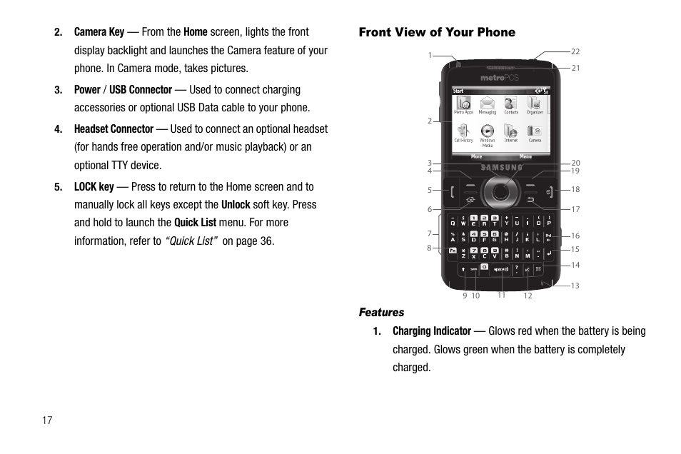 Front view of your phone, Features | Samsung Code SCH-i220 User Manual | Page 20 / 161
