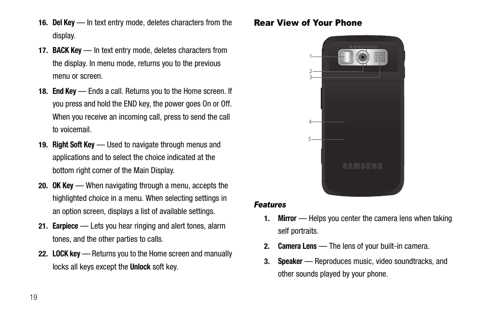Rear view of your phone, Features | Samsung Code SCH-i220 User Manual | Page 22 / 161