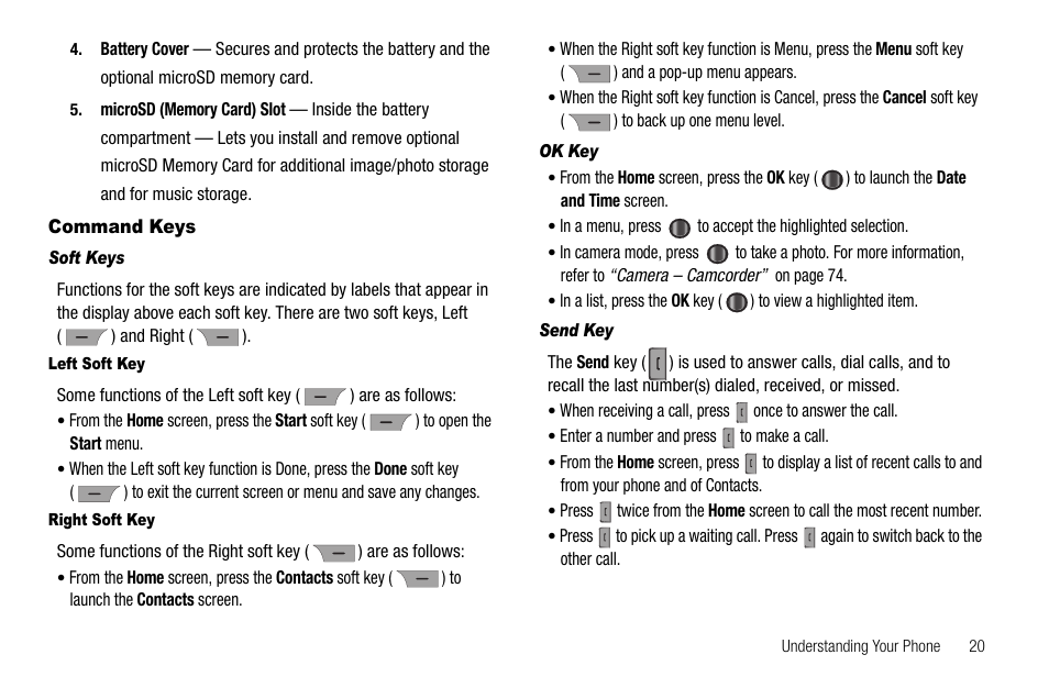 Command keys, Soft keys, Left soft key | Right soft key, Ok key, Send key | Samsung Code SCH-i220 User Manual | Page 23 / 161