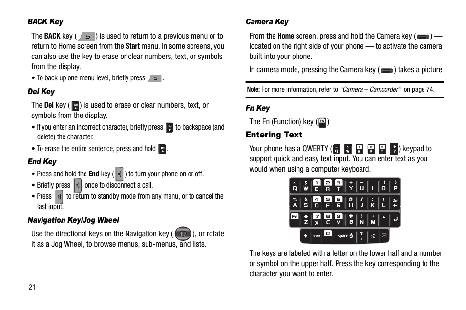 Back key, Del key, End key | Navigation key/jog wheel, Camera key, Fn key, Entering text | Samsung Code SCH-i220 User Manual | Page 24 / 161