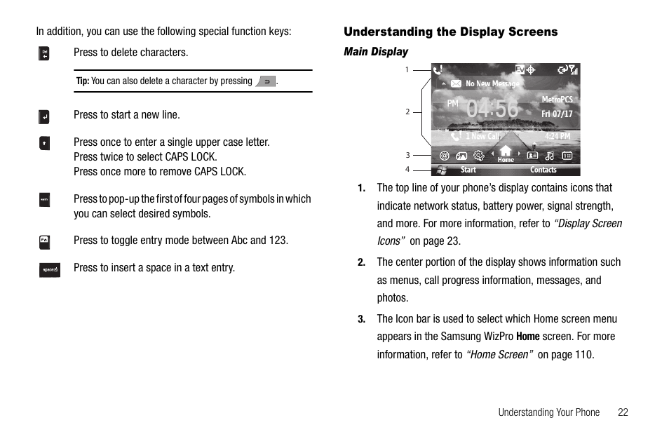 Understanding the display screens, Main display | Samsung Code SCH-i220 User Manual | Page 25 / 161