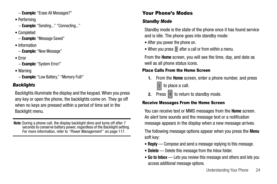 Backlights, Your phone’s modes, Standby mode | Place calls from the home screen, Receive messages from the home screen | Samsung Code SCH-i220 User Manual | Page 27 / 161