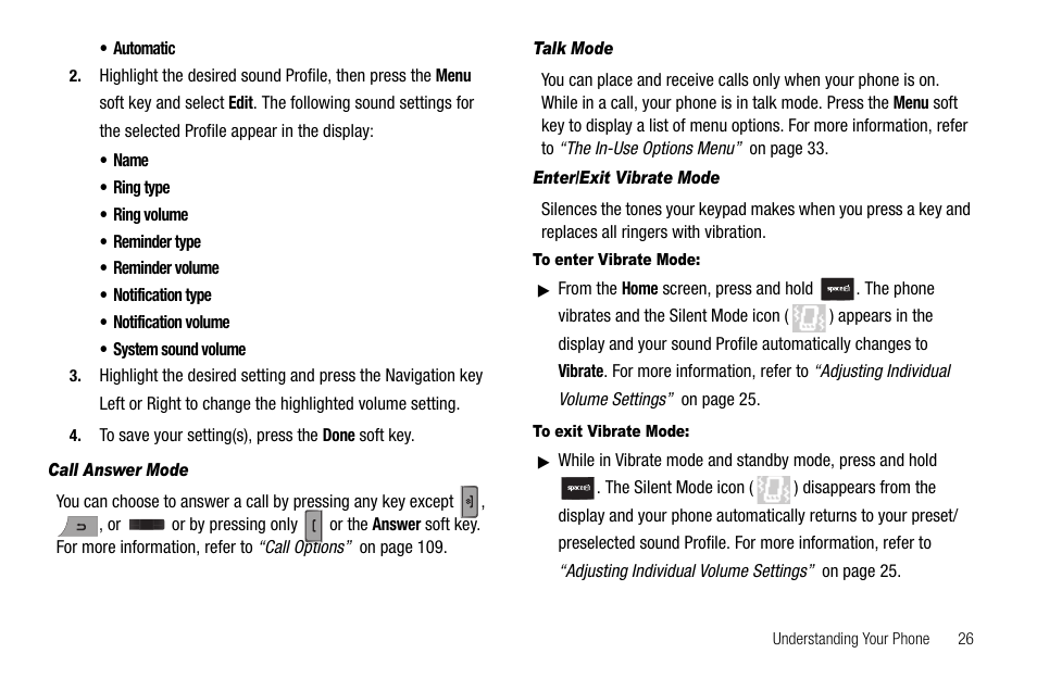 Call answer mode, Talk mode, Enter/exit vibrate mode | To enter vibrate mode, To exit vibrate mode | Samsung Code SCH-i220 User Manual | Page 29 / 161