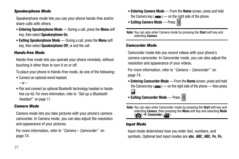 Speakerphone mode, Hands-free mode, Camera mode | Camcorder mode, Input mode | Samsung Code SCH-i220 User Manual | Page 30 / 161