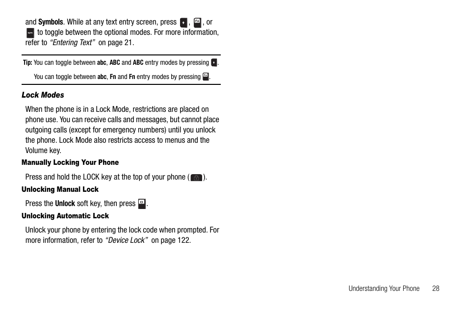 Lock modes, Manually locking your phone, Unlocking manual lock | Unlocking automatic lock | Samsung Code SCH-i220 User Manual | Page 31 / 161