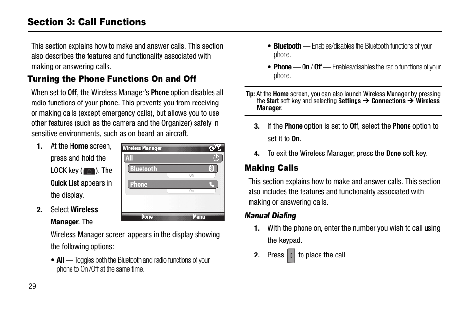 Section 3: call functions, Turning the phone functions on and off, Making calls | Manual dialing | Samsung Code SCH-i220 User Manual | Page 32 / 161