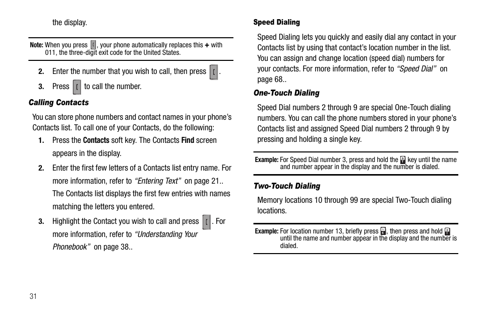 Calling contacts, Speed dialing, One-touch dialing | Two-touch dialing | Samsung Code SCH-i220 User Manual | Page 34 / 161