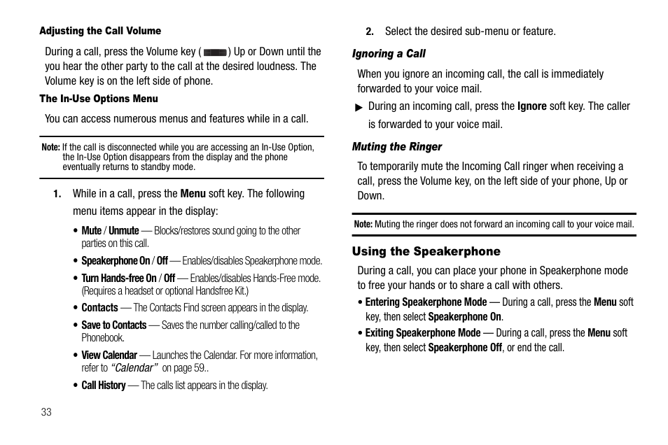 Adjusting the call volume, The in-use options menu, Ignoring a call | Muting the ringer, Using the speakerphone | Samsung Code SCH-i220 User Manual | Page 36 / 161