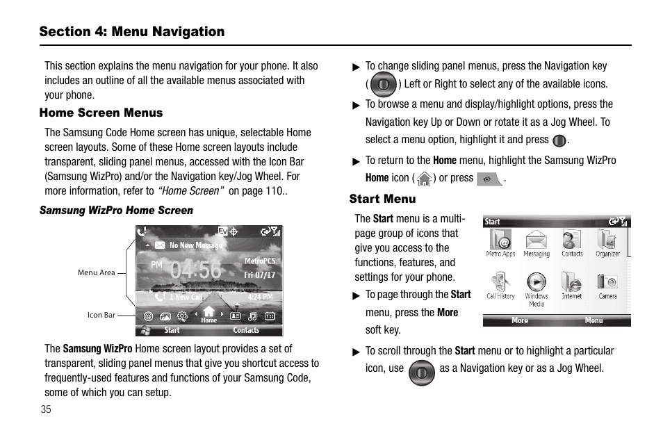 Section 4: menu navigation, Home screen menus, Samsung wizpro home screen | Start menu, Home screen menus start menu | Samsung Code SCH-i220 User Manual | Page 38 / 161