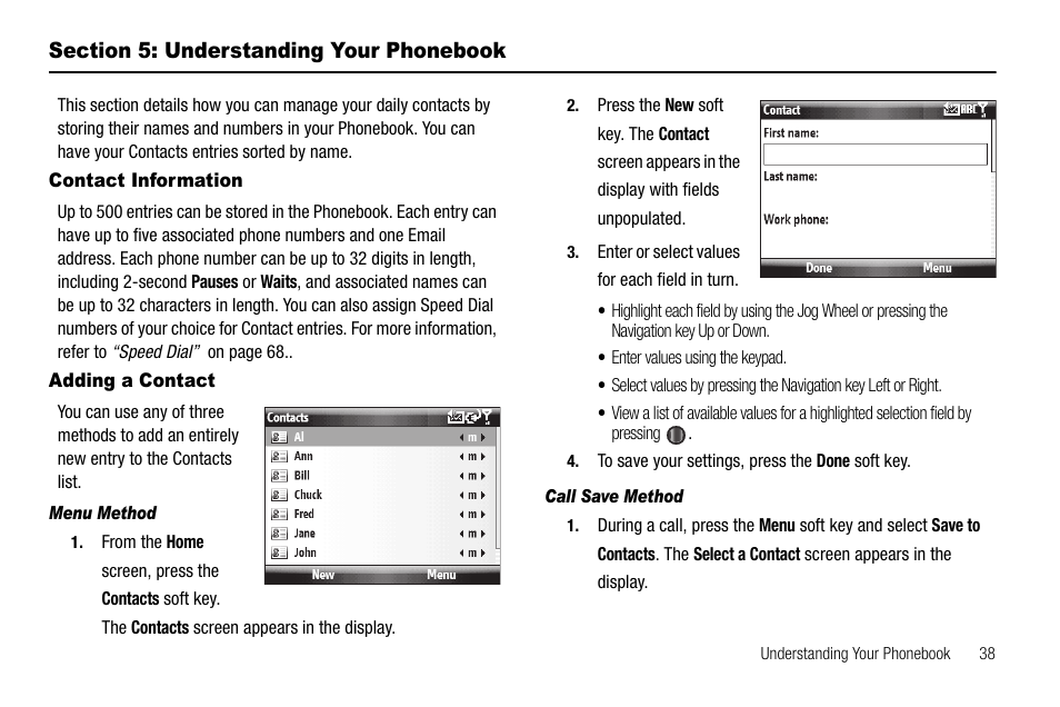 Section 5: understanding your phonebook, Contact information, Adding a contact | Menu method, Call save method, Contact information adding a contact | Samsung Code SCH-i220 User Manual | Page 41 / 161