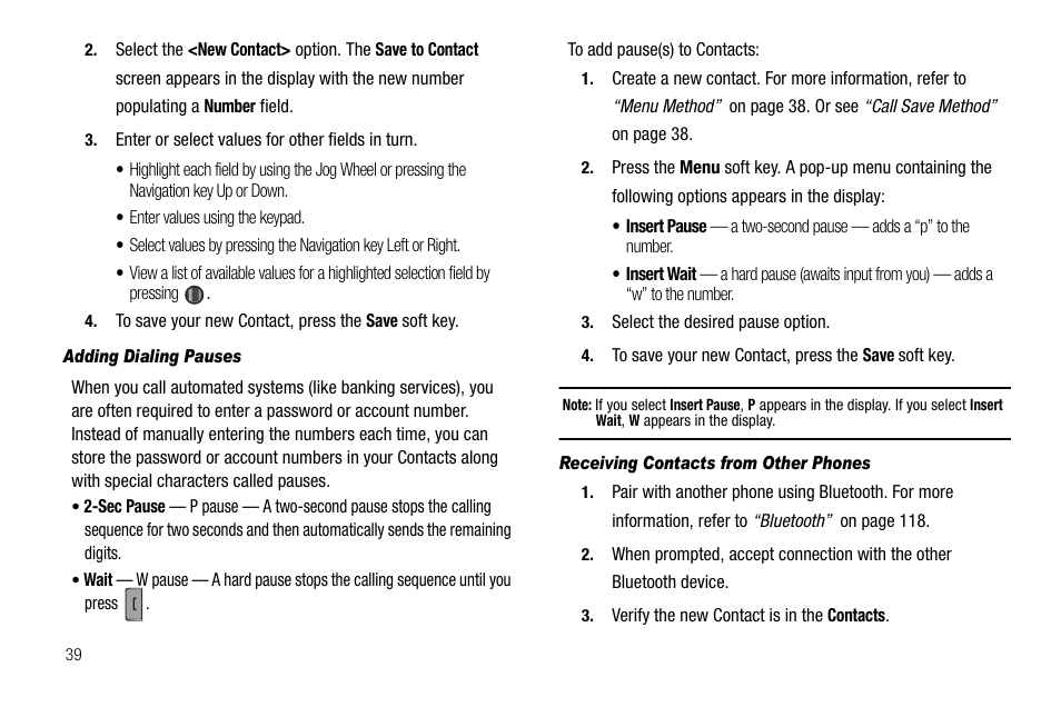 Adding dialing pauses, Receiving contacts from other phones | Samsung Code SCH-i220 User Manual | Page 42 / 161
