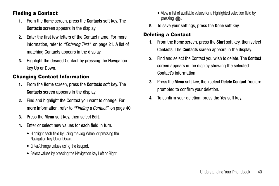Finding a contact, Changing contact information, Deleting a contact | Samsung Code SCH-i220 User Manual | Page 43 / 161