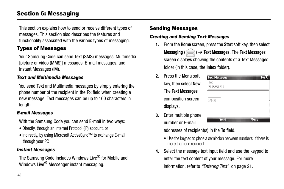 Section 6: messaging, Types of messages, Text and multimedia messages | E-mail messages, Instant messages, Sending messages, Creating and sending text messages, Types of messages sending messages | Samsung Code SCH-i220 User Manual | Page 44 / 161