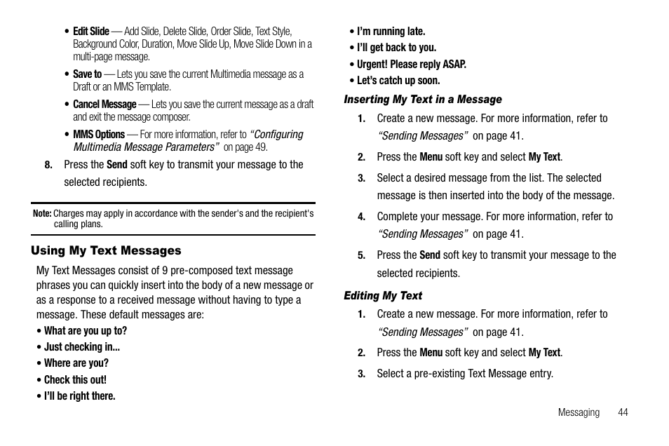 Using my text messages, Inserting my text in a message, Editing my text | Samsung Code SCH-i220 User Manual | Page 47 / 161