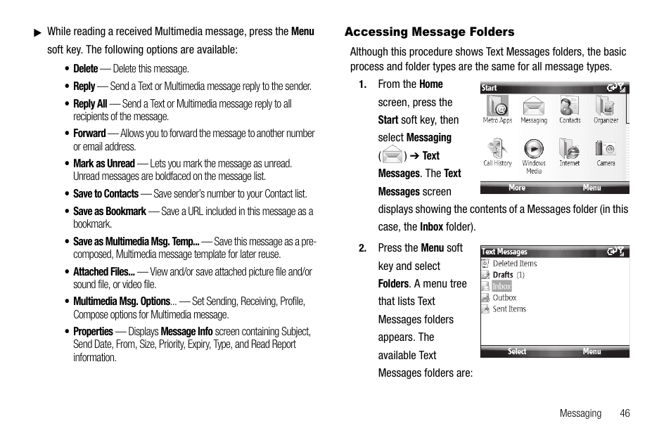Accessing message folders | Samsung Code SCH-i220 User Manual | Page 49 / 161