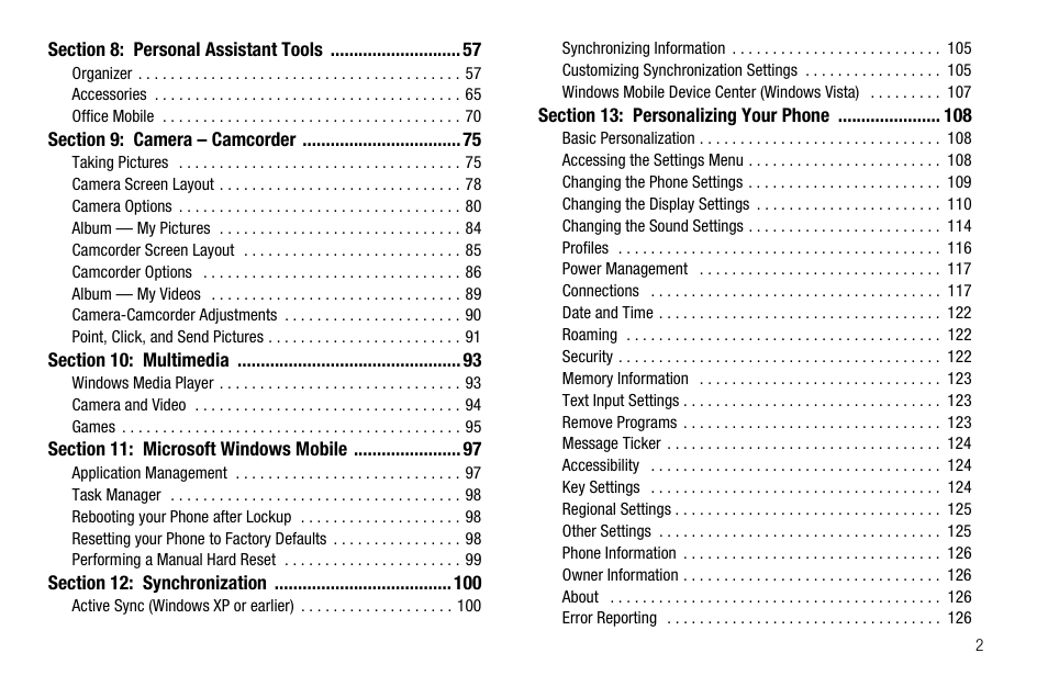 Section 8: personal assistant tools 57, Section 9: camera – camcorder 75, Section 10: multimedia 93 | Section 11: microsoft windows mobile 97, Section 12: synchronization 100, Section 13: personalizing your phone 108 | Samsung Code SCH-i220 User Manual | Page 5 / 161