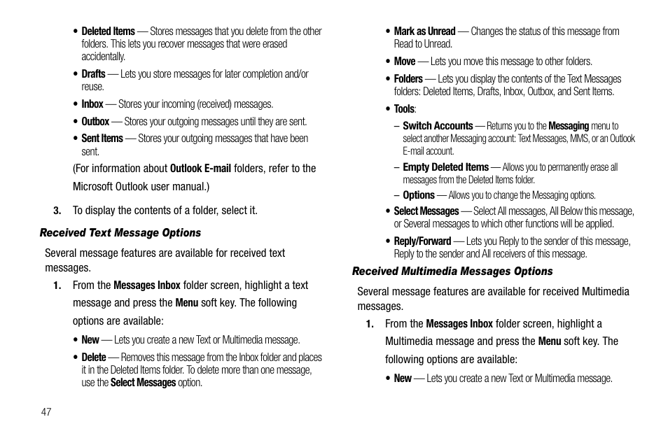 Received text message options, Received multimedia messages options | Samsung Code SCH-i220 User Manual | Page 50 / 161