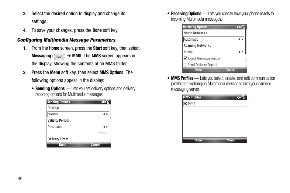 Configuring multimedia message parameters, For more information, refer to “configuring | Samsung Code SCH-i220 User Manual | Page 52 / 161