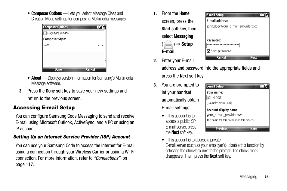 Accessing e-mail setup | Samsung Code SCH-i220 User Manual | Page 53 / 161