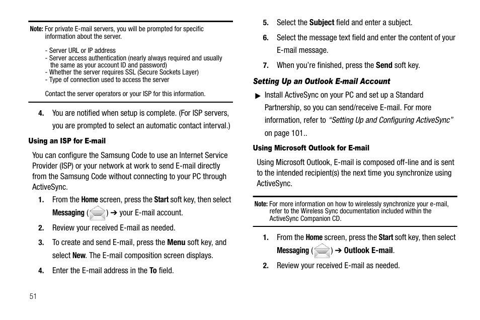 Using an isp for e-mail, Setting up an outlook e-mail account, Using microsoft outlook for e-mail | Samsung Code SCH-i220 User Manual | Page 54 / 161