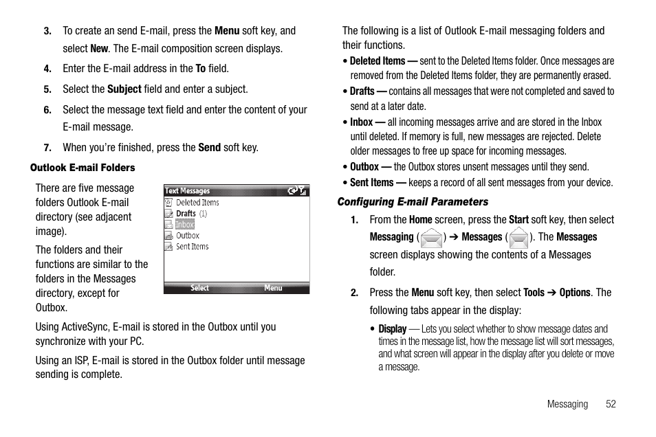 Outlook e-mail folders, Configuring e-mail parameters | Samsung Code SCH-i220 User Manual | Page 55 / 161