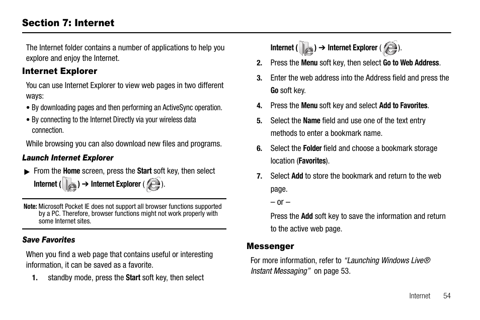 Section 7: internet, Internet explorer, Launch internet explorer | Save favorites, Messenger, Internet explorer messenger | Samsung Code SCH-i220 User Manual | Page 57 / 161