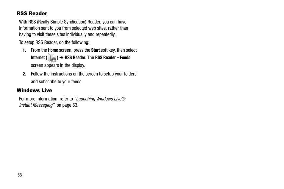 Rss reader, Windows live, Rss reader windows live | Samsung Code SCH-i220 User Manual | Page 58 / 161