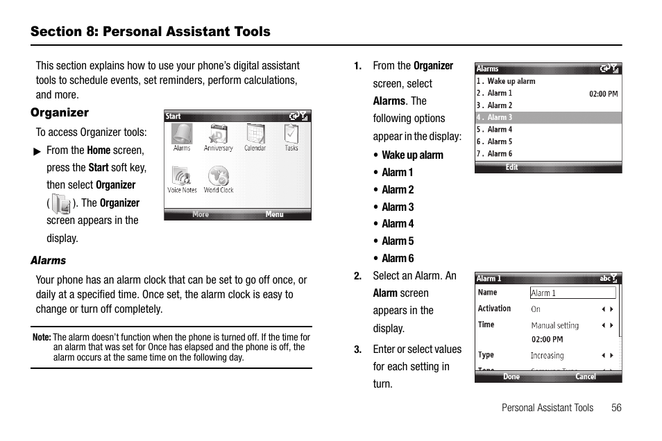 Section 8: personal assistant tools, Organizer, Alarms | Samsung Code SCH-i220 User Manual | Page 59 / 161