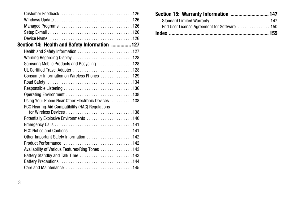 Section 14: health and safety information 127, Section 15: warranty information 147 | Samsung Code SCH-i220 User Manual | Page 6 / 161