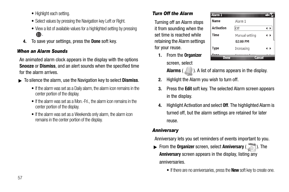 When an alarm sounds, Turn off the alarm, Anniversary | Samsung Code SCH-i220 User Manual | Page 60 / 161
