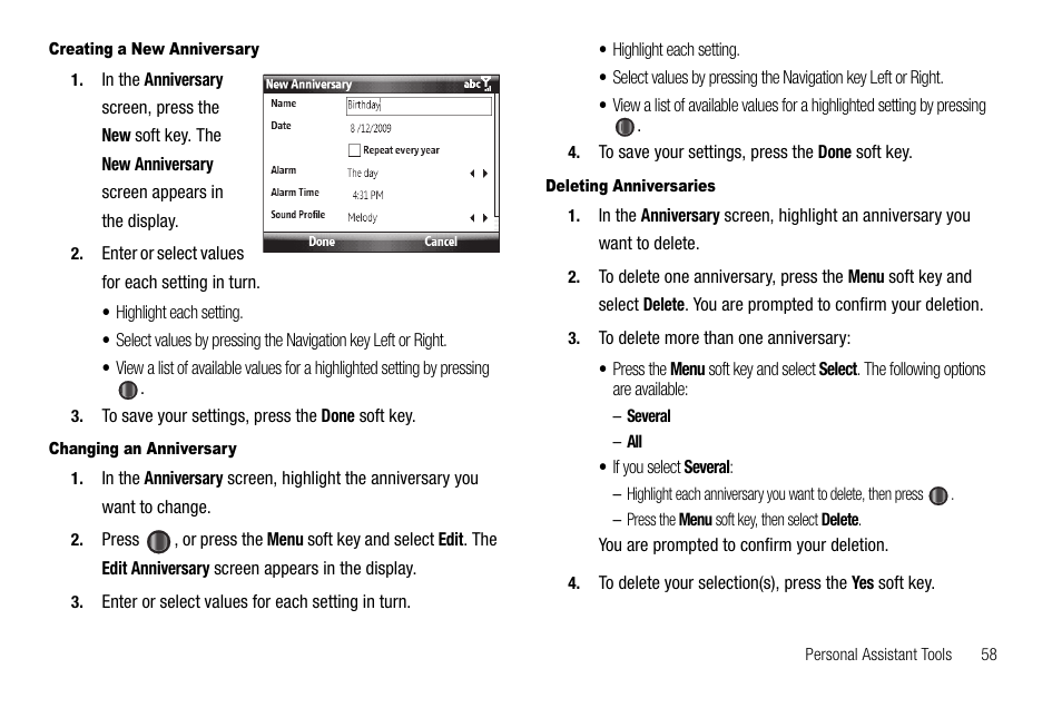 Creating a new anniversary, Changing an anniversary, Deleting anniversaries | Samsung Code SCH-i220 User Manual | Page 61 / 161