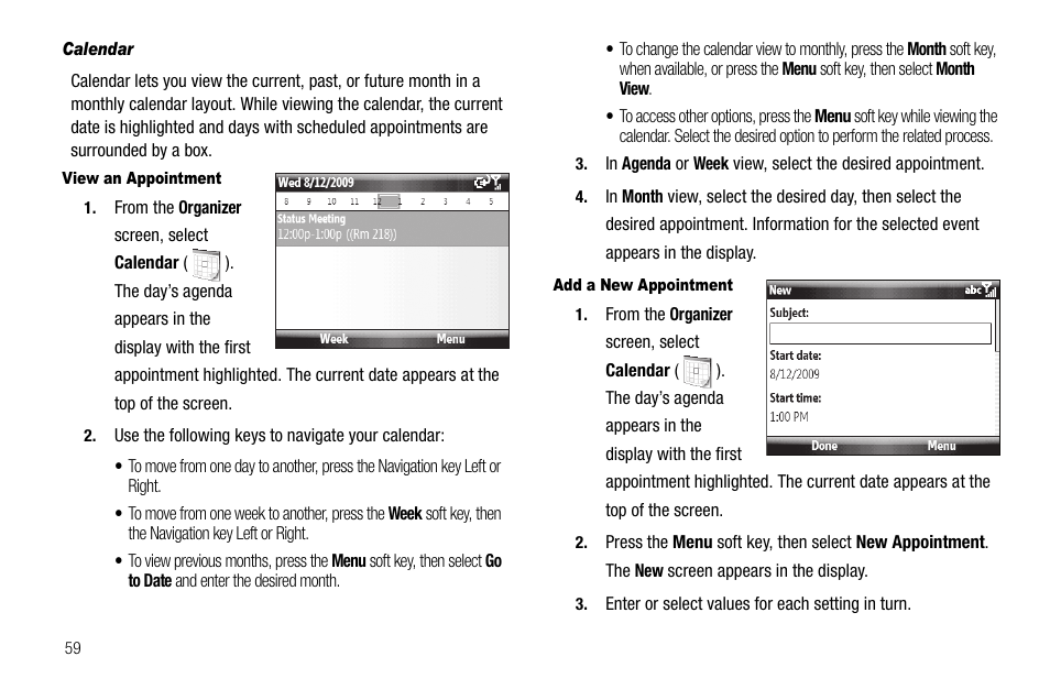 Calendar, View an appointment, Add a new appointment | Samsung Code SCH-i220 User Manual | Page 62 / 161