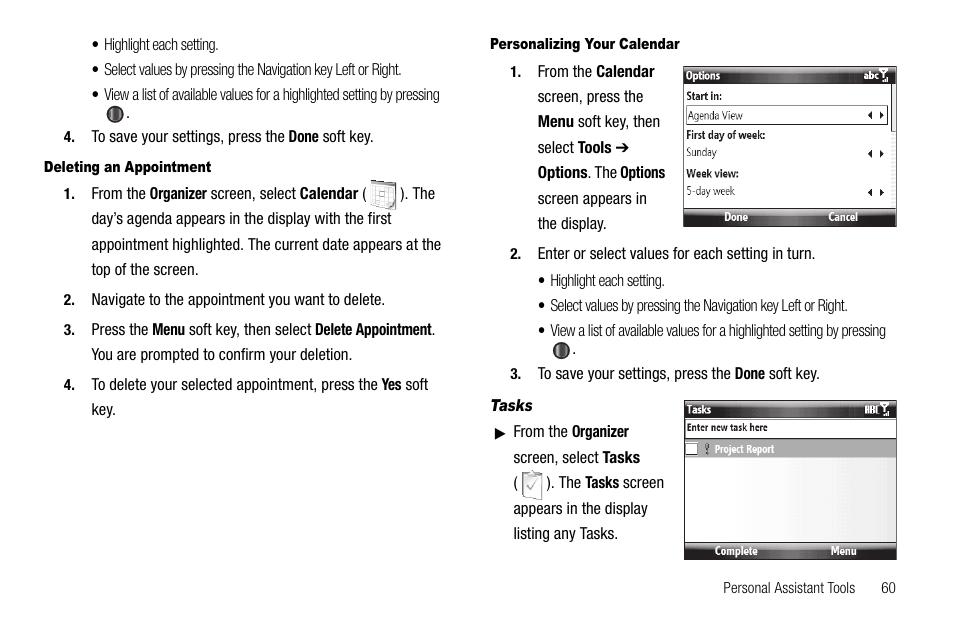 Deleting an appointment, Personalizing your calendar, Tasks | Samsung Code SCH-i220 User Manual | Page 63 / 161