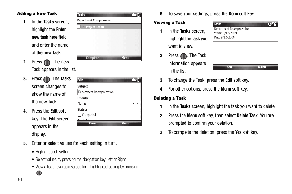 Adding a new task, Viewing a task, Deleting a task | Samsung Code SCH-i220 User Manual | Page 64 / 161