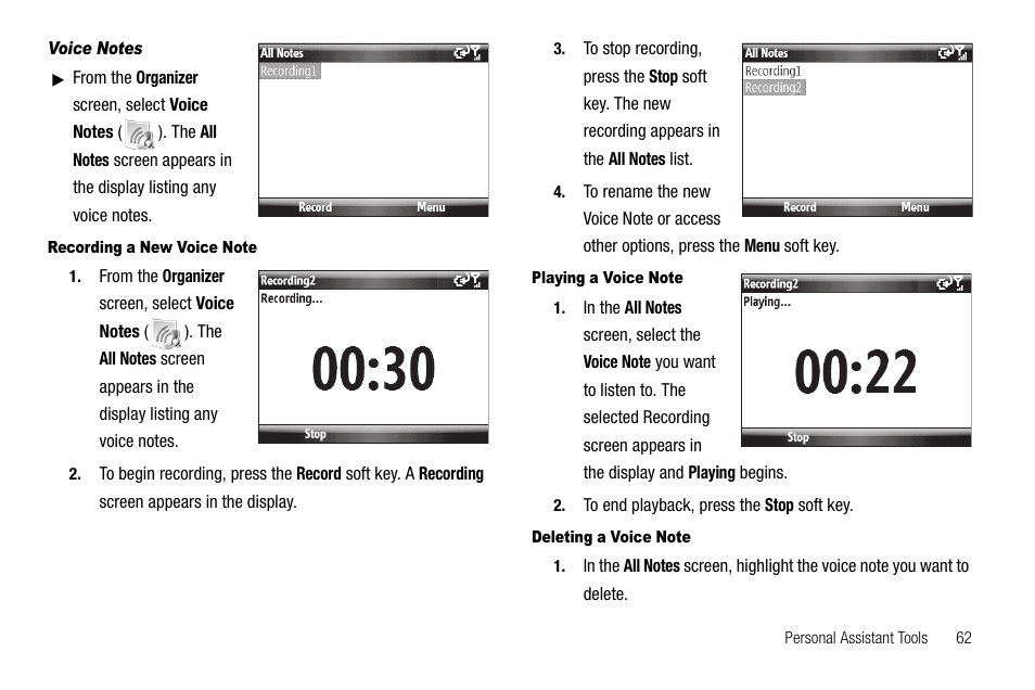 Voice notes, Recording a new voice note, Playing a voice note | Deleting a voice note | Samsung Code SCH-i220 User Manual | Page 65 / 161