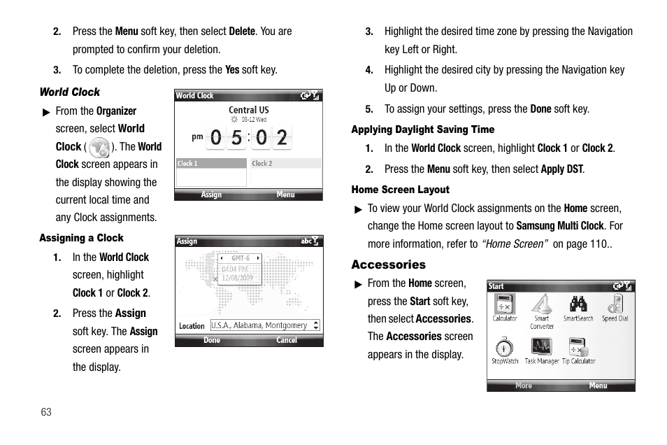 World clock, Assigning a clock, Applying daylight saving time | Home screen layout, Accessories | Samsung Code SCH-i220 User Manual | Page 66 / 161