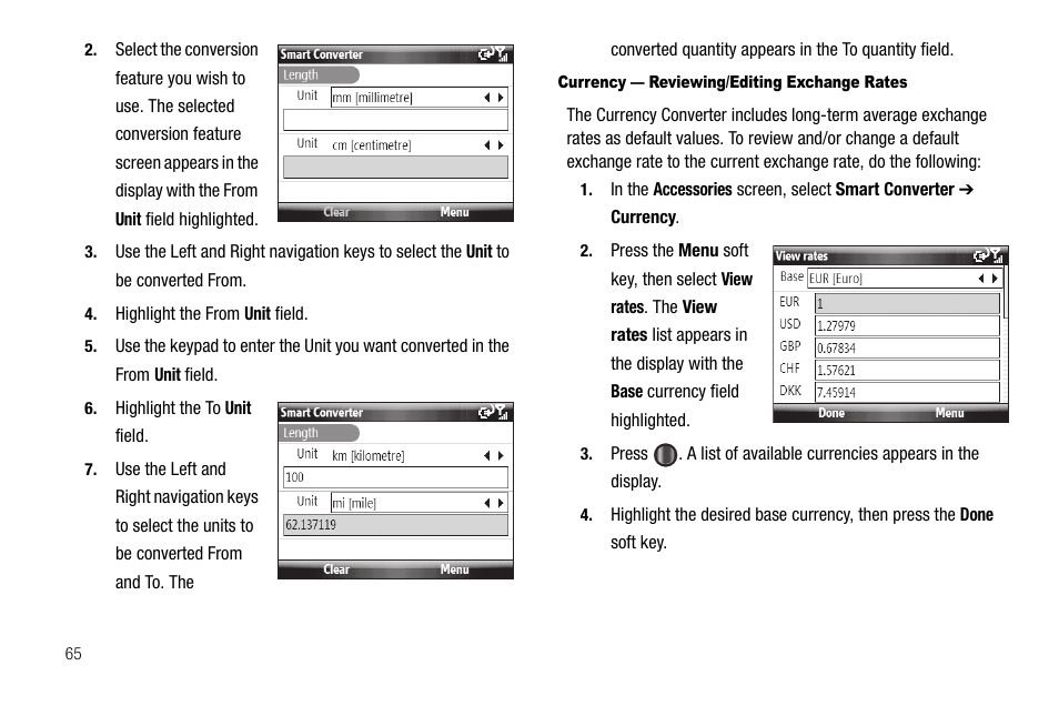 Currency — reviewing/editing exchange rates | Samsung Code SCH-i220 User Manual | Page 68 / 161