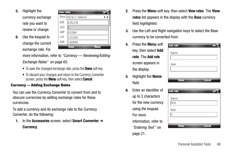 Currency — adding exchange rates | Samsung Code SCH-i220 User Manual | Page 69 / 161