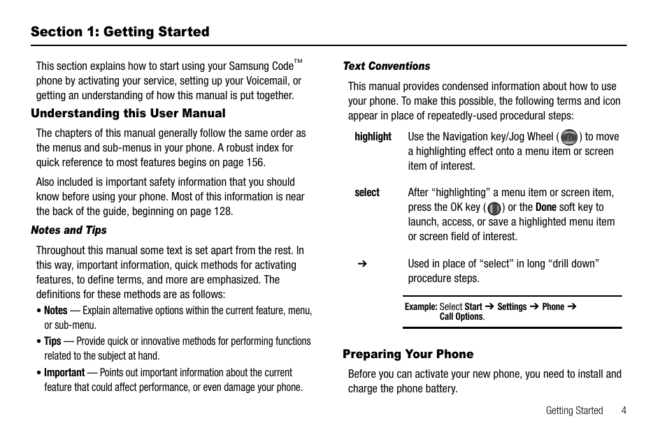 Section 1: getting started, Understanding this user manual, Notes and tips | Text conventions, Preparing your phone | Samsung Code SCH-i220 User Manual | Page 7 / 161