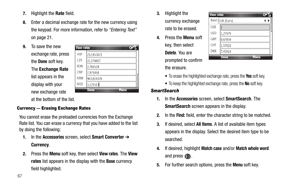 Currency — erasing exchange rates, Smartsearch | Samsung Code SCH-i220 User Manual | Page 70 / 161