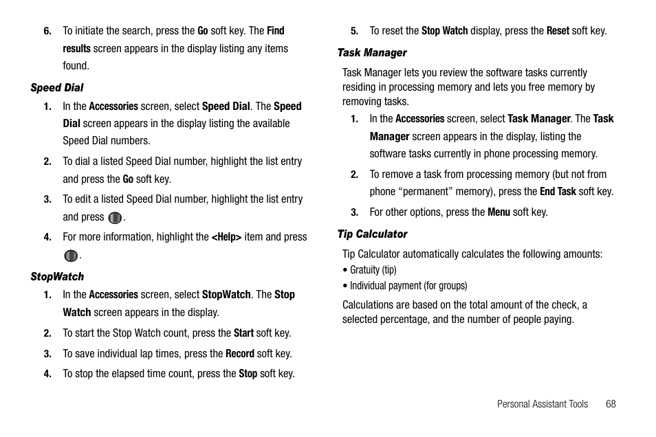 Speed dial, Stopwatch, Task manager | Tip calculator | Samsung Code SCH-i220 User Manual | Page 71 / 161