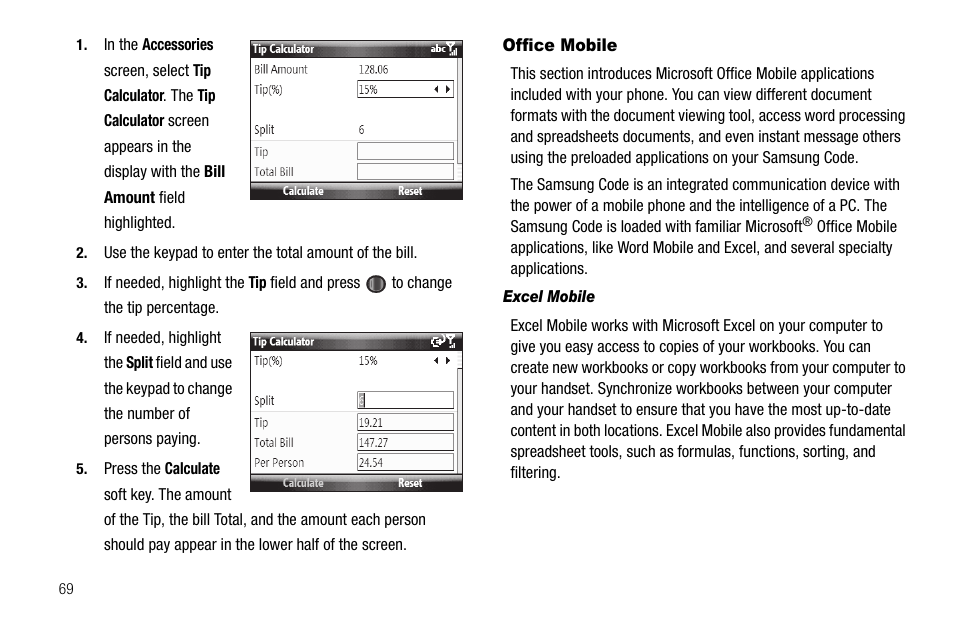 Office mobile, Excel mobile | Samsung Code SCH-i220 User Manual | Page 72 / 161