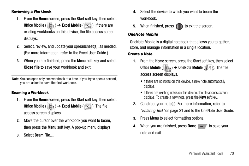 Reviewing a workbook, Beaming a workbook, Onenote mobile | Create a note | Samsung Code SCH-i220 User Manual | Page 73 / 161