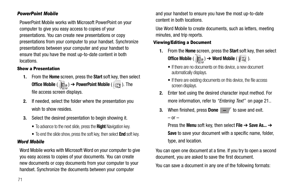 Powerpoint mobile, Show a presentation, Word mobile | Viewing/editing a document | Samsung Code SCH-i220 User Manual | Page 74 / 161