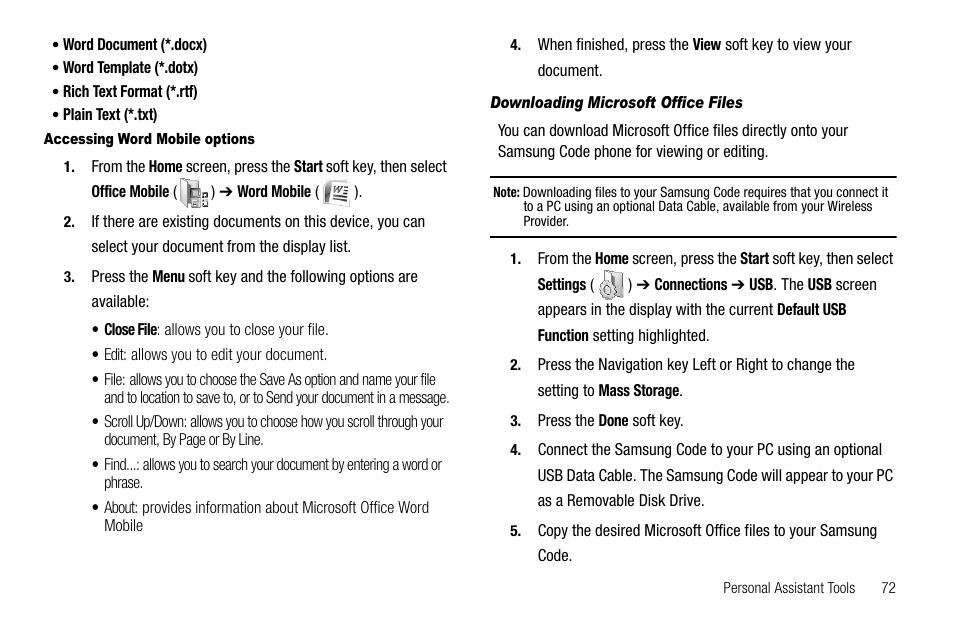 Accessing word mobile options, Downloading microsoft office files | Samsung Code SCH-i220 User Manual | Page 75 / 161