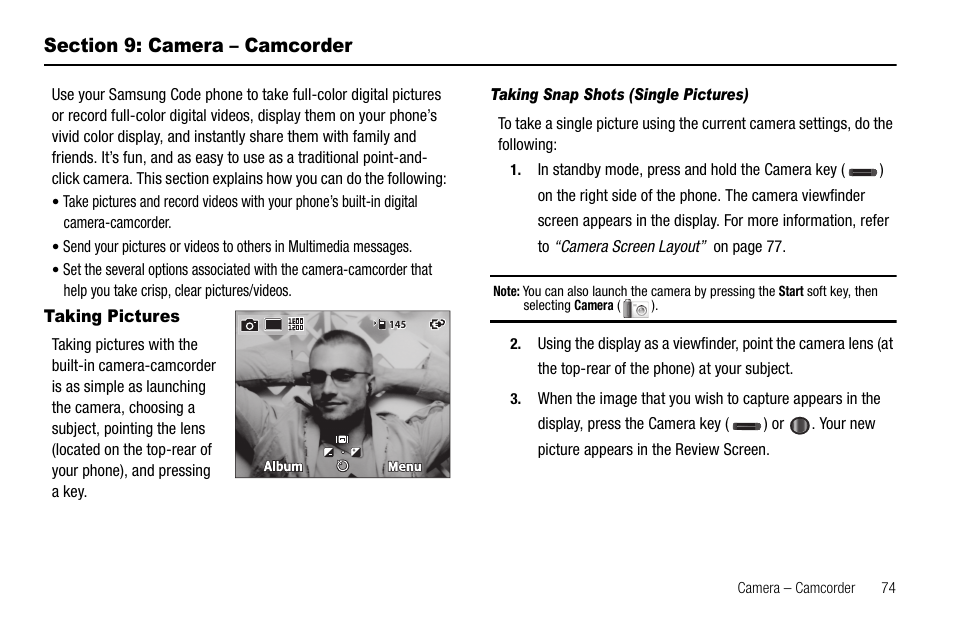 Section 9: camera – camcorder, Taking pictures, Taking snap shots (single pictures) | Samsung Code SCH-i220 User Manual | Page 77 / 161